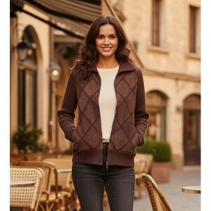 White Stag Jacket Womens L 12/14 Brown Leather Suede Knit Zip Up Y2K Boho Preppy